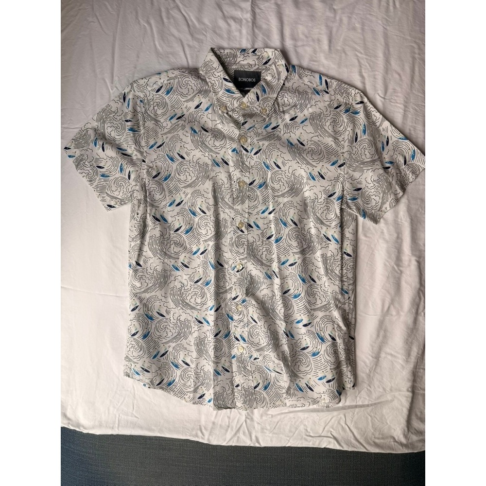 Bonobos Mens Slim Fit Short Sleeve Button Down Shirt White Surfer Wave Print S
